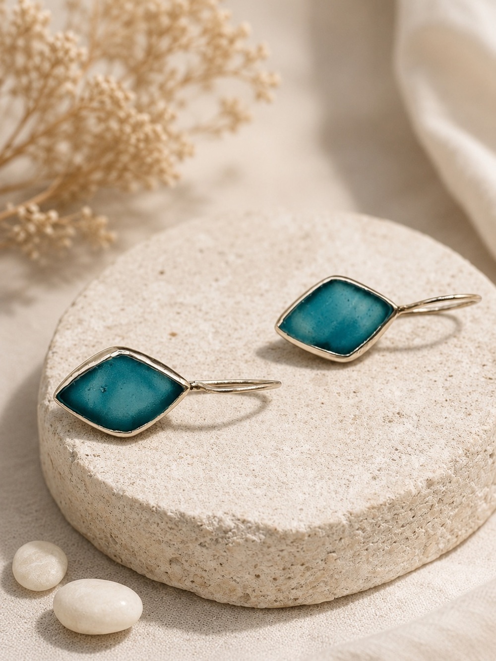 Handmade Turquoise Color Marquise Drop Earrings Sterling Silver Hooks Artisan